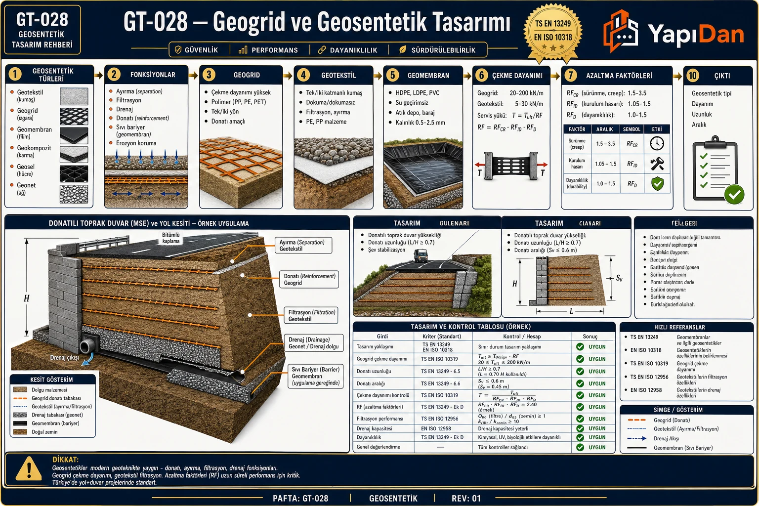 GT-028 Geogrid ve geosentetik tasarım akış diyagramı — tipler (geogrid/geotekstil/geomembran), fonksiyonlar, çekme dayanımı, RF azaltma faktörleri, uygulama, donatılı toprak duvar sırasıyla on adım