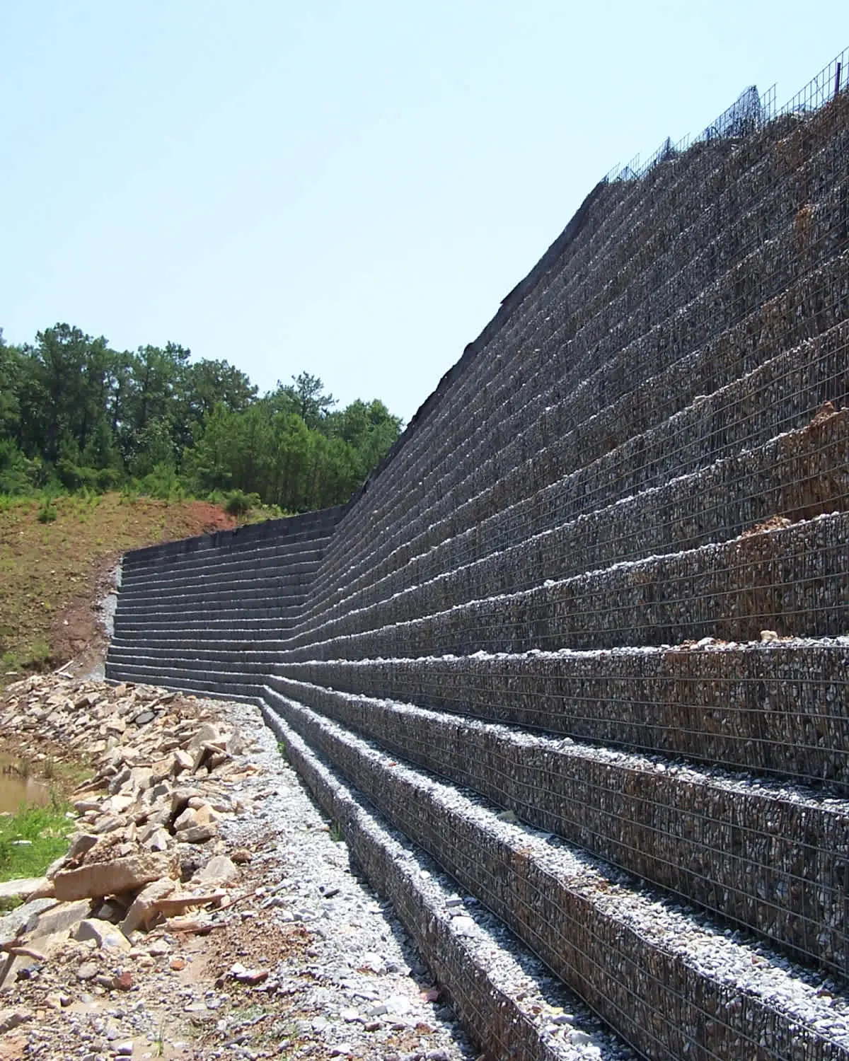 Gabiyon takviyeli MSE istinat duvarı — kademeli yükseklikte gabiyon sepet bloklar ve geogrid takviye katmanları, karayolu şev stabilizasyonu