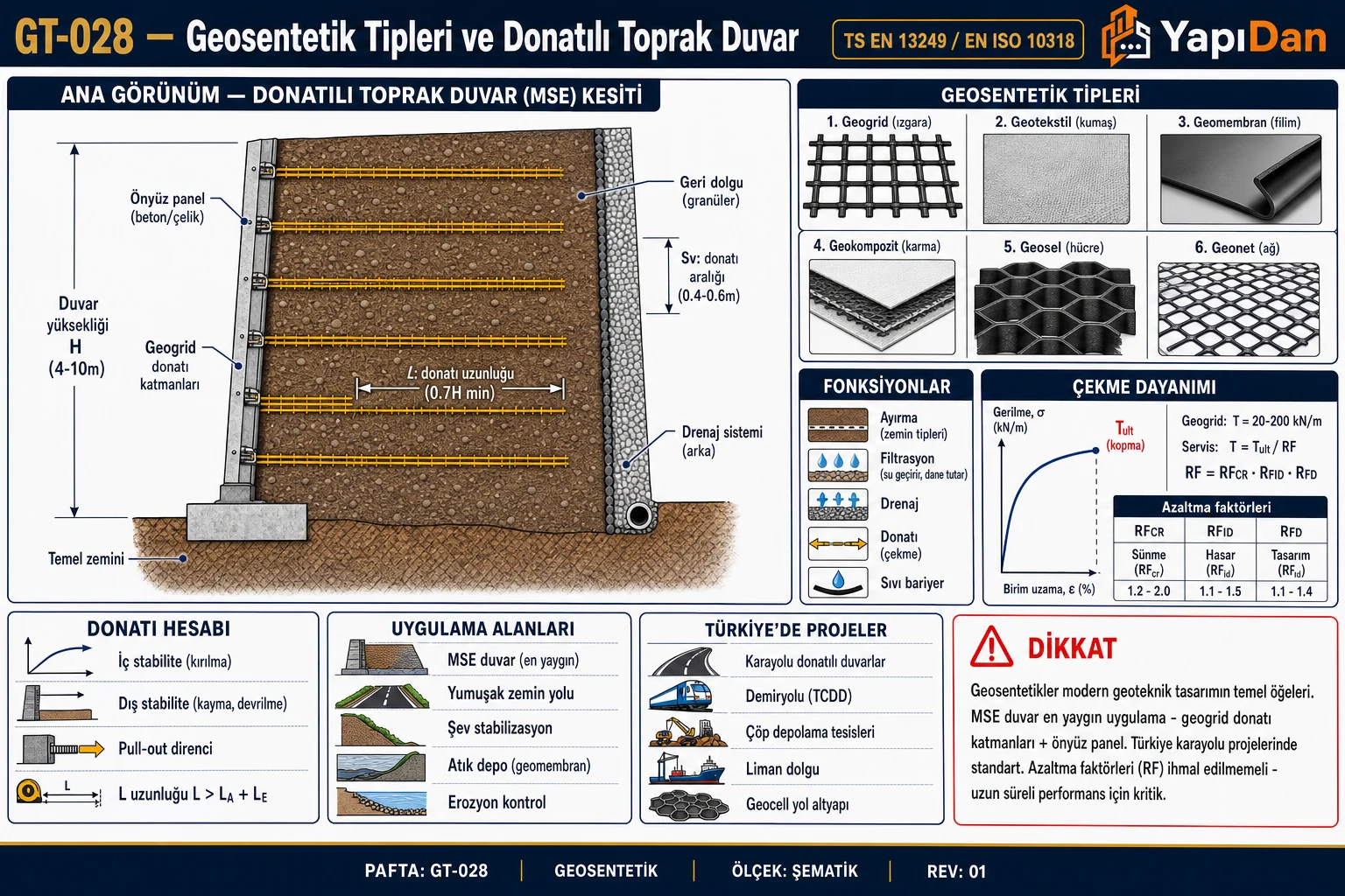 GT-028 Geosentetik tipleri ve donatılı toprak duvar — MSE duvar kesiti, 6 geosentetik tipi, fonksiyonlar, çekme dayanımı, donatı hesabı ve uygulama alanları