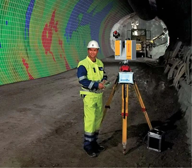 Tünel içi robotik total station konverjans izleme — sarı iş güvenliği elbiseli mühendis, tünel iç yüzeyinde renkli deformasyon haritası ile izleme ekipmanı