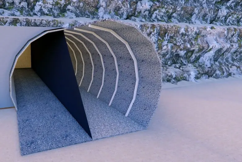 NATM çift kabuk shotcrete lining 3D kesit modeli — iç yüzey düzgün beton ikincil kaplama, dış yüzey kaya zemin ile temas
