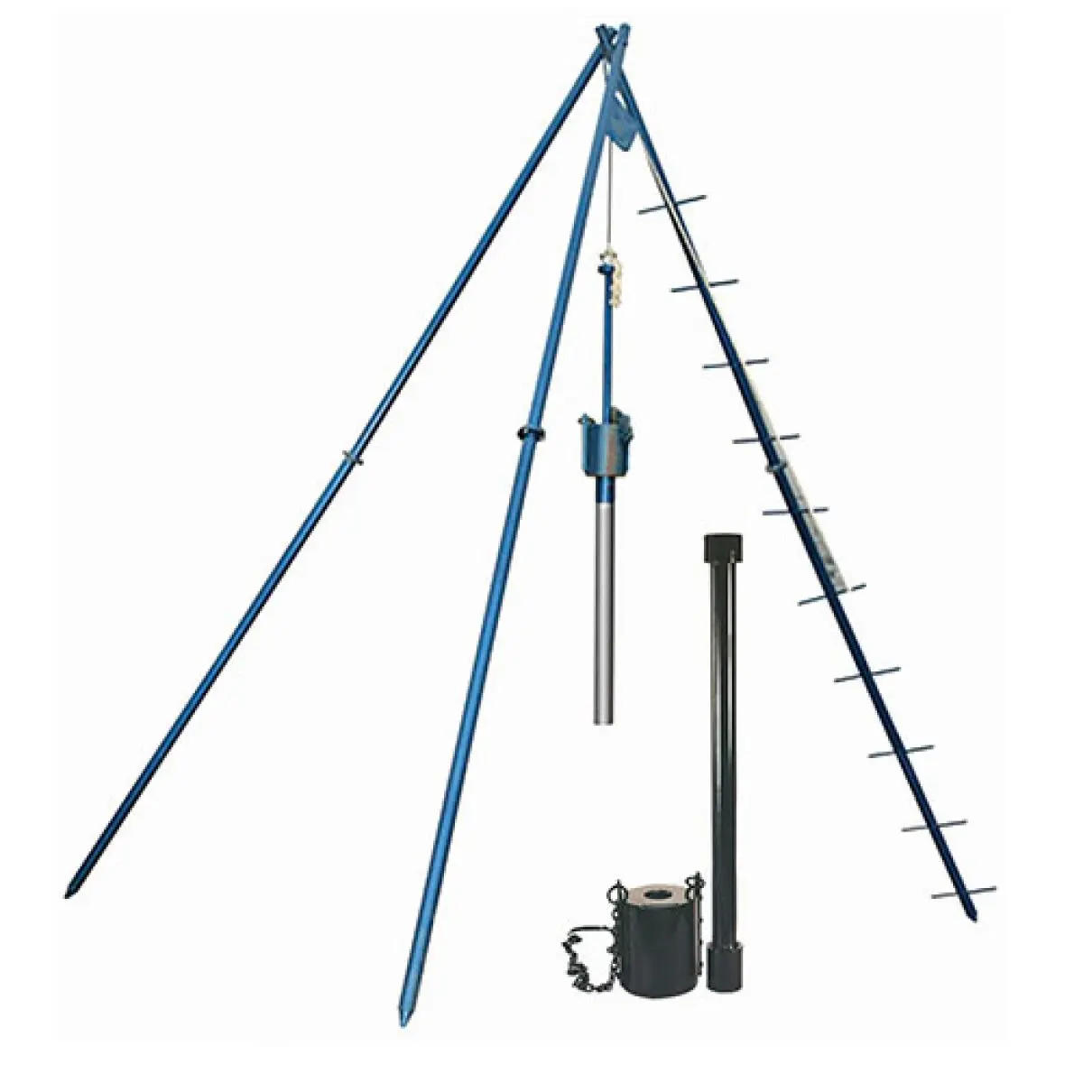 SPT deney ekipmanı bileşenleri — mavi tripod çerçeve, 63.5 kg tokmak, tij ve yarık kaşık örnekleyici takımı