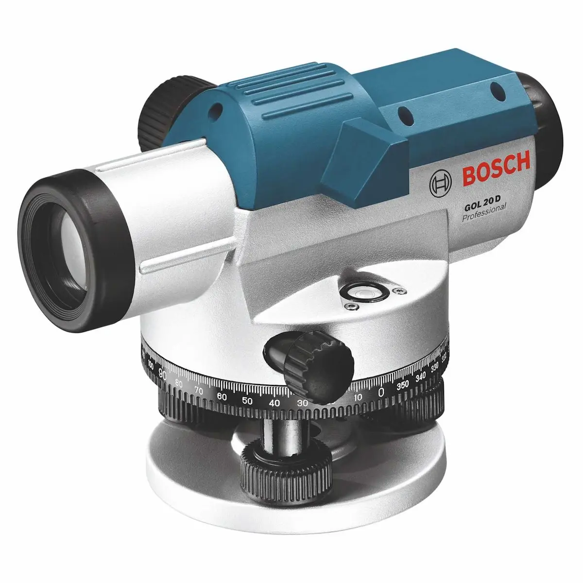 Bosch GOL 20D kompansatörlü optik nivo aleti — mavi-gri gövde, döner tabla ve mercek düzeneği