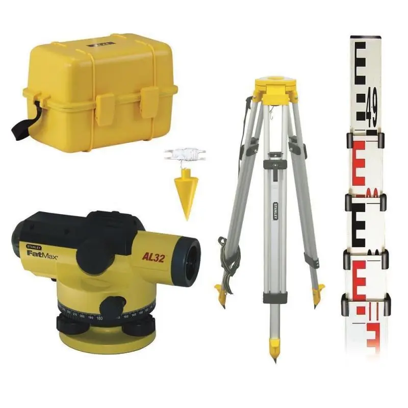 Kompansatörlü nivo aleti, tripod ve bölüntülü mira takımı — tam inşaat nivelmanı ekipman seti