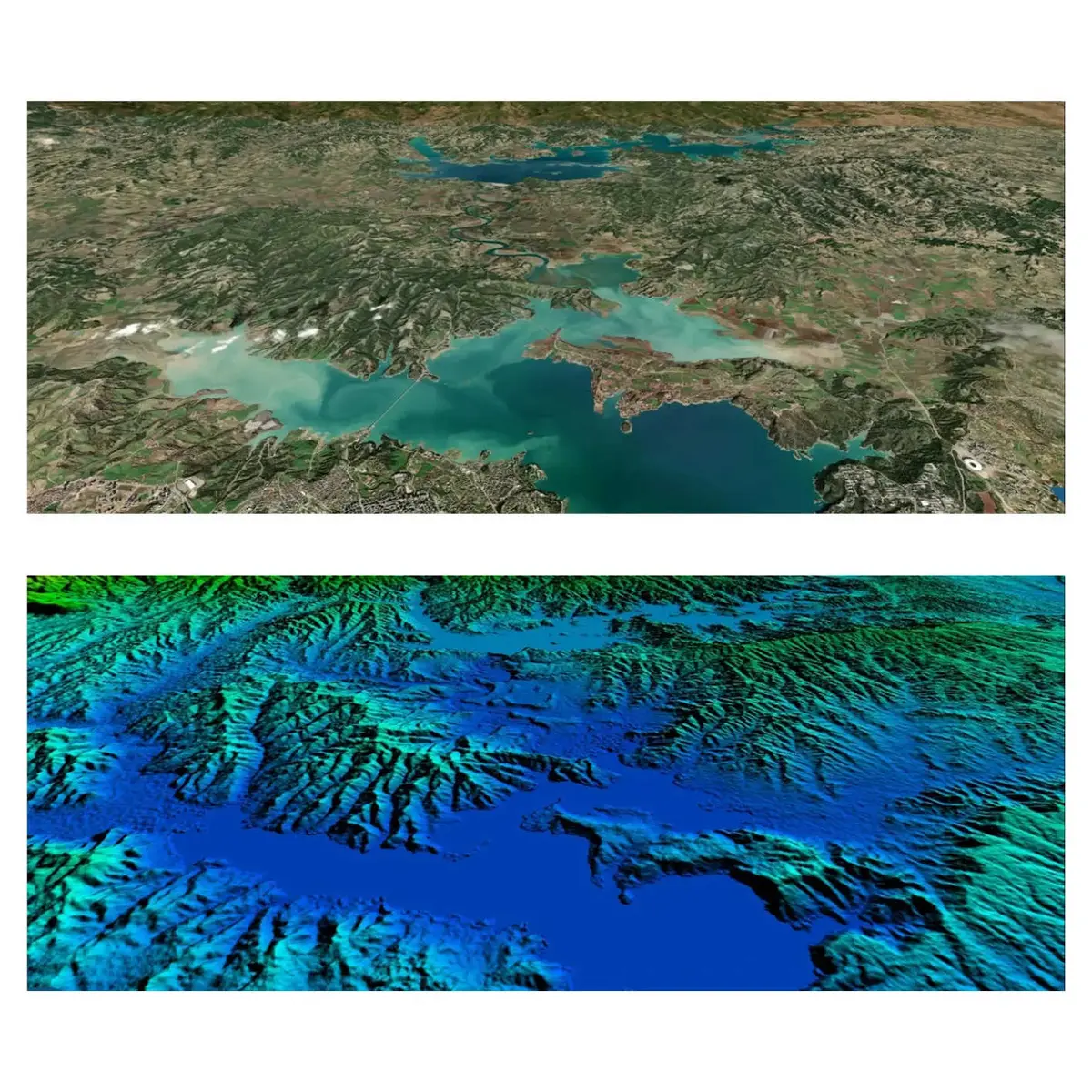Uydu görüntüsü ve renk kodlamalı Sayısal Arazi Modeli (SAM) karşılaştırması — mavi düşük, kırmızı yüksek rakım
