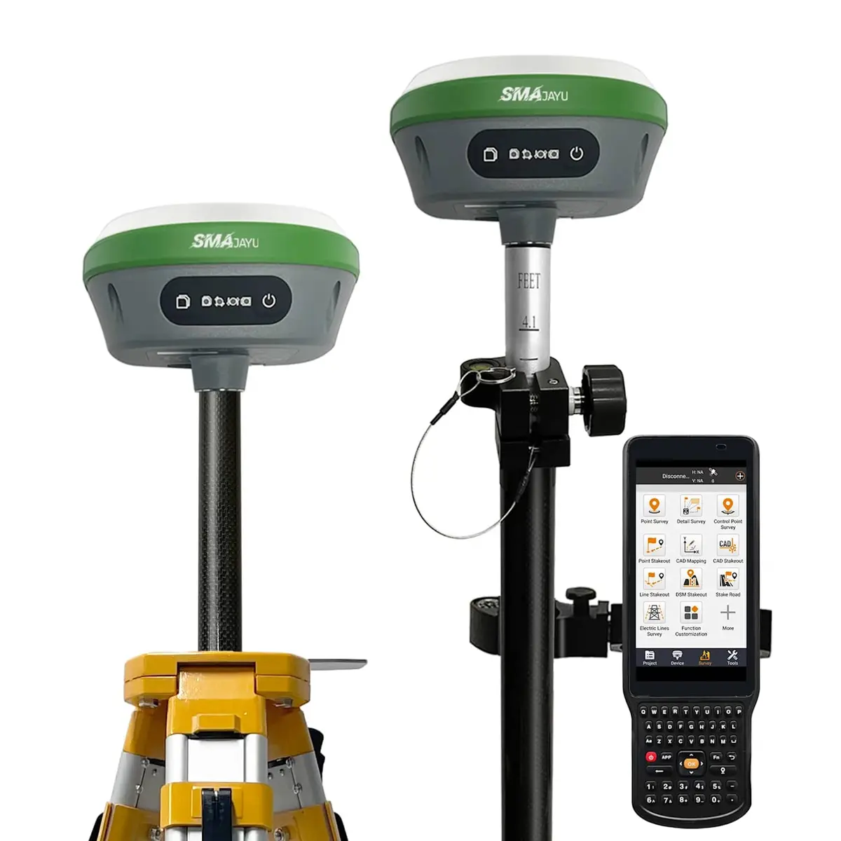 GNSS RTK rover alıcıları ve saha kontrolörü — iki GNSS anten ve el terminali