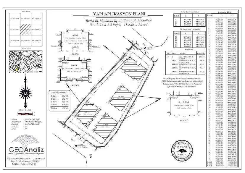 Gerçek bir yapıya ait Yapı Aplikasyon Planı — parsel sınırları, bina köşe koordinatları ve diyagonal kontrol hatları
