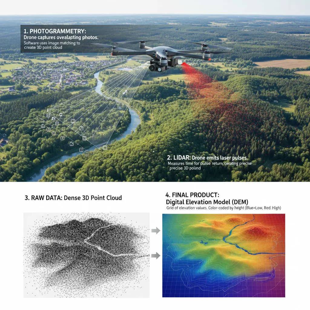 İHA fotogrametri ve LiDAR tabanlı DEM üretim süreci: drone örtüşmeli fotoğraf, LiDAR lazer tarama, ham 3B nokta bulutu ve renk kodlu DEM çıktısı
