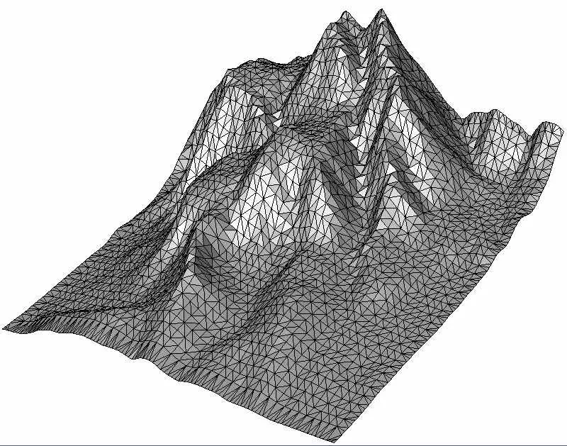 TIN (Triangulated Irregular Network) yüzey modeli — dağlık arazi tel kafes 3B gösterimi, üçgen yüzeyler tepe ve vadileri modelliyor