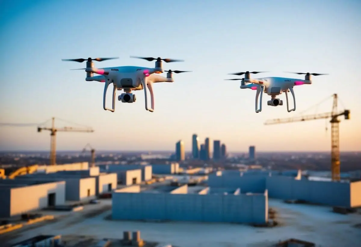 İki İHA/drone şantiye üzerinde alçak irtifada uçuyor — gün batımında şehir silüeti ve inşaat vinci arka planda görünmekte