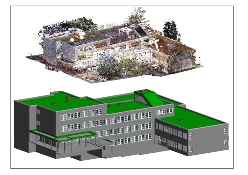 Üstte renkli nokta bulutu, altta aynı binanın çıkarılmış BIM modeli karşılaştırması; çok katlı okul yapısı