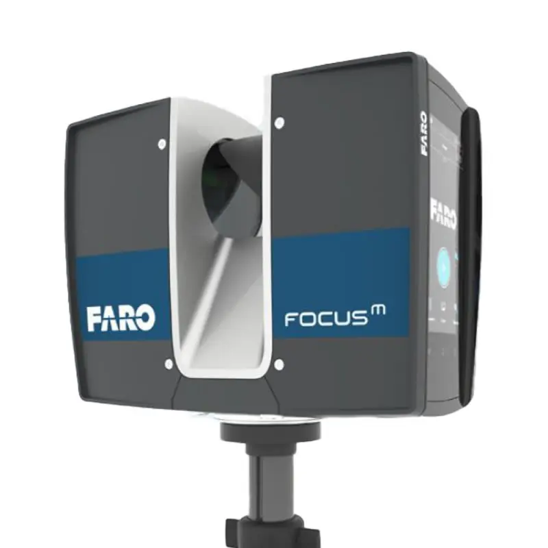 FARO Focus M lazer tarayıcı; gri gövde, mavi FARO logosu ve döner ayna sistemi görünüyor