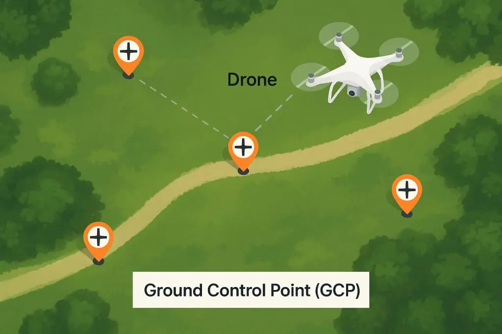 Yeşil arazide dron harita yapıyor; turuncu iğne ikonlarıyla işaretlenmiş GCP (Ground Control Point) konumları ve dron arasındaki mesafe çizgileri gösteriliyor