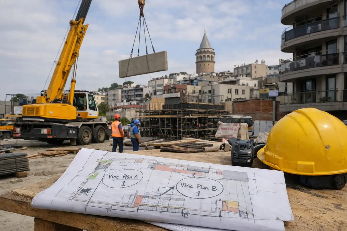 İstanbul'da Galata Kulesi arka planında inşaat şantiyesi; ön planda kaldırma planı çizimi ve baret, arka planda yük kaldıran vinç ve çalışan işçiler