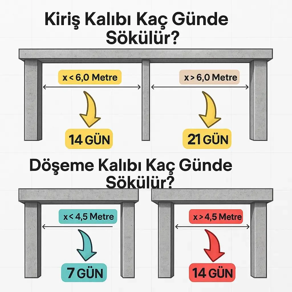 Kiriş ve döşeme kalıp sökme süreleri infografik — 14 gün / 21 gün ve 7 gün / 14 gün şematik