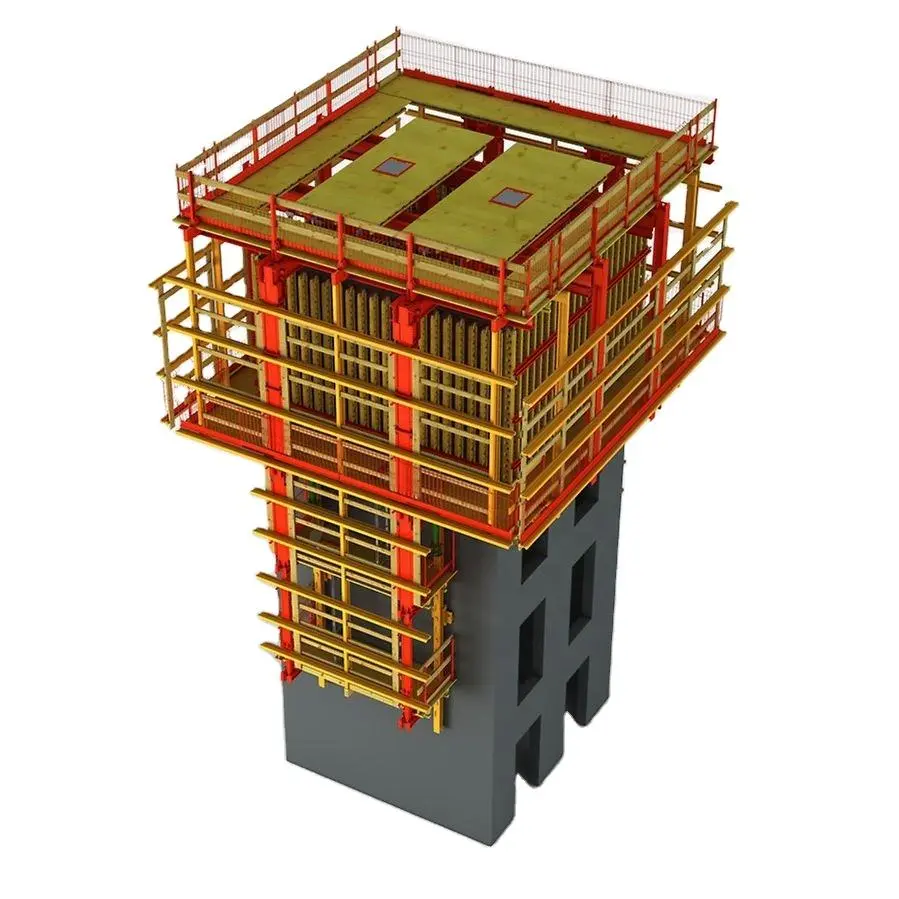 3D bilgisayar modeli: çekirdek tırmanır kalıp sistemi beyaz arka planda görselleştirilmiş; sarı-turuncu renklerde çelik platform yapısı, kırmızı dikey destek konsolları ve altta gri beton çekirdek kesit modeli