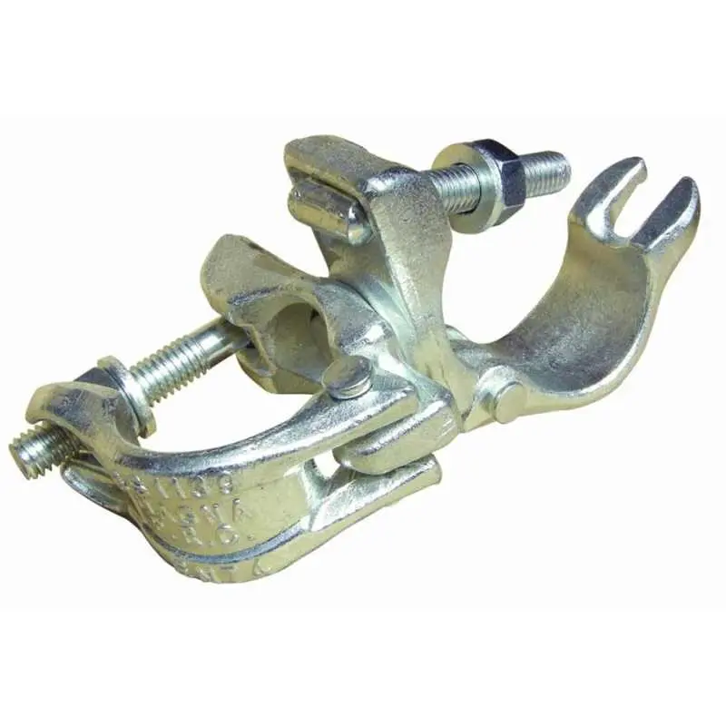 Altın rengi metal döner olmayan iskele klemp (right-angle coupler) — TS EN 74 kapsamında kalıphanede dövme çelik klemp; iki kanal bölümü ve cıvata-somun kilitleme mekanizması detayı
