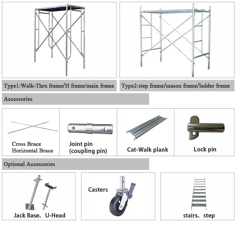 H-çerçeve ve adımlı çerçeve iskele tiplerinin ürün kataloğu — tip 1 walk-thru frame/H frame/main frame (düz çerçeve), tip 2 step frame/mason frame/ladder frame (adımlı çerçeve); aksesuarlar: çapraz bağ, birleştirme pimi, yürüme platformu, kilit pimi; opsiyonel: krikolu taban-u-baş, tekerlekler, merdiven