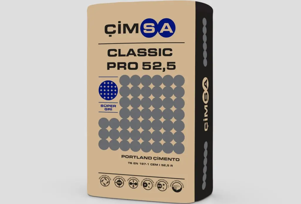 ÇimSA Classic Pro 52.5 Portland Çimento torbası — CEM I 52.5 R sınıfı, Süper Gri, TS EN 197-1 etiketli