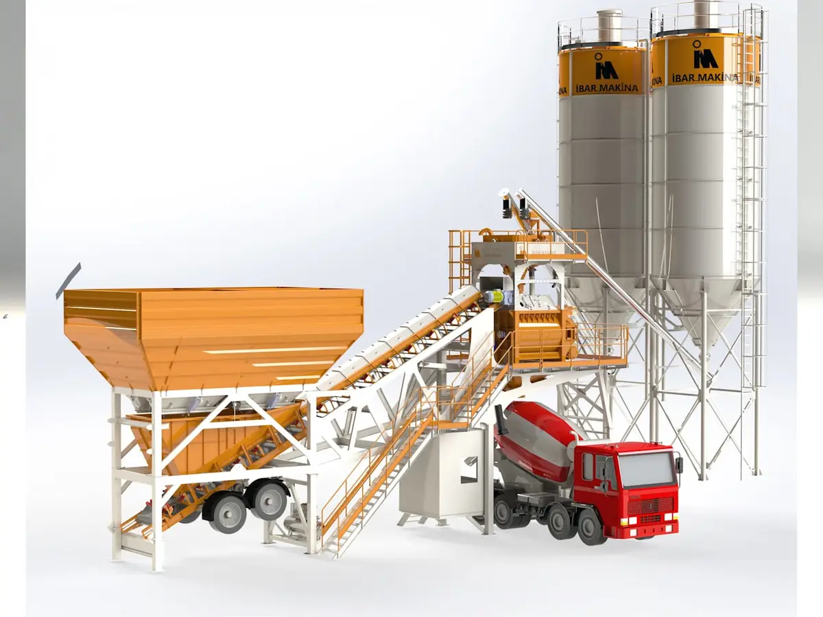 3D model beton santrali — turuncu agrega besleme kasesi, iki silo ve hazır beton mikseri kamyon
