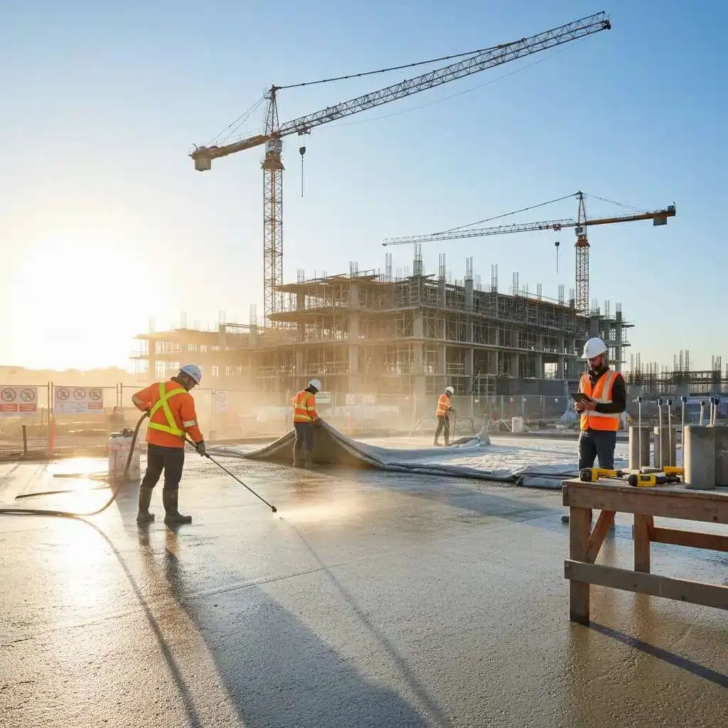 İşçiler taze beton döşemeye hortumla su sıkıyor — arka planda kule vinç ve çok katlı bina iskeleti