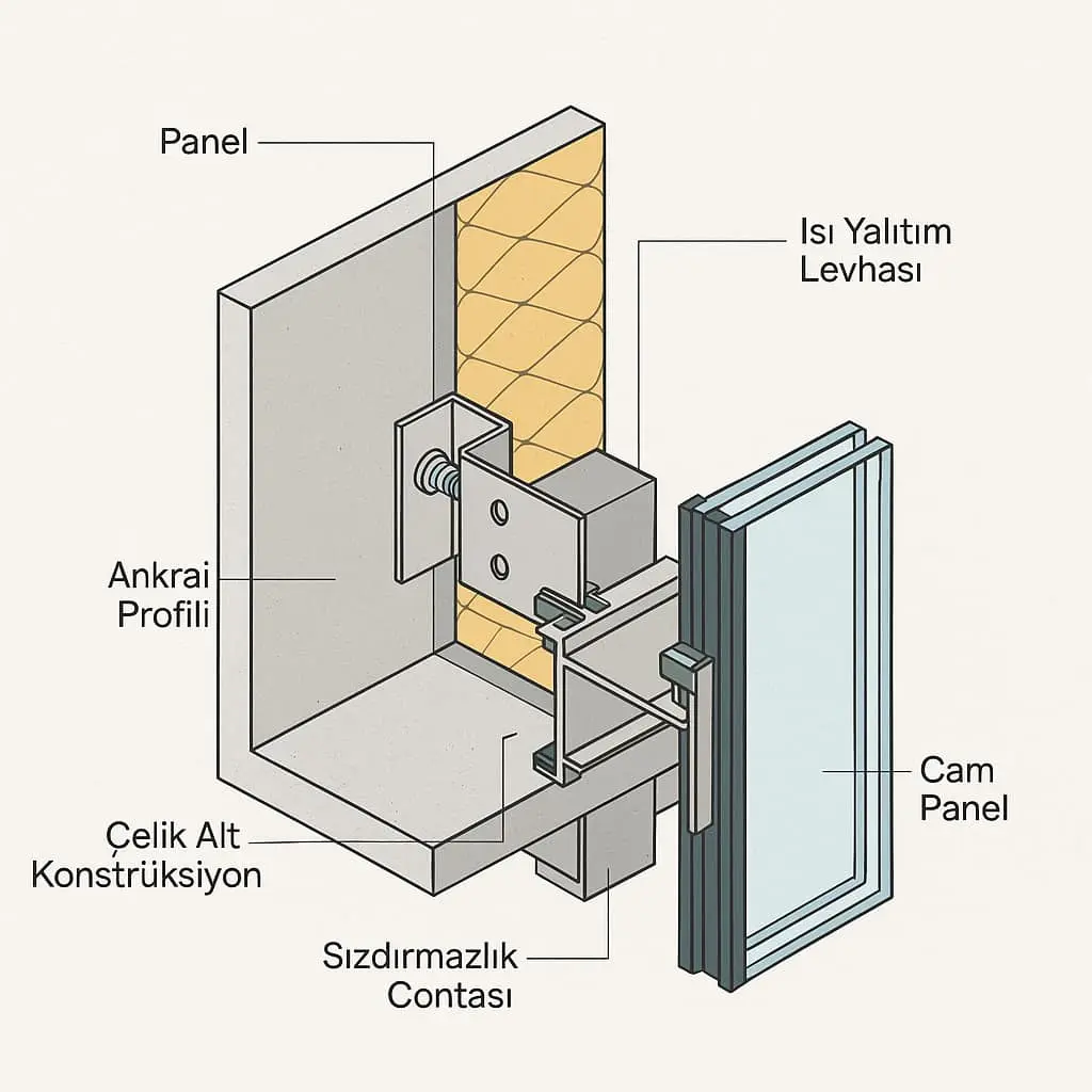 Giydirme cephe bağlantı katmanları izometrik şeması — panel, ısı yalıtım levhası, ankraj profili, çelik alt konstrüksiyon ve cam panel
