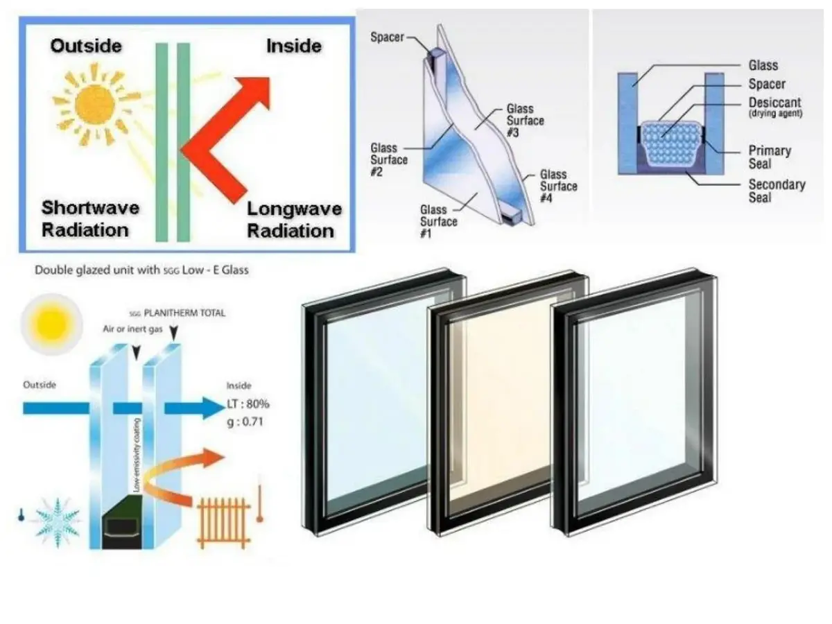 Low-E ısıcam çalışma prensibi — kısa dalga/uzun dalga radyasyon, spacer-desiccant-seal yapısı ve cam renk seçenekleri