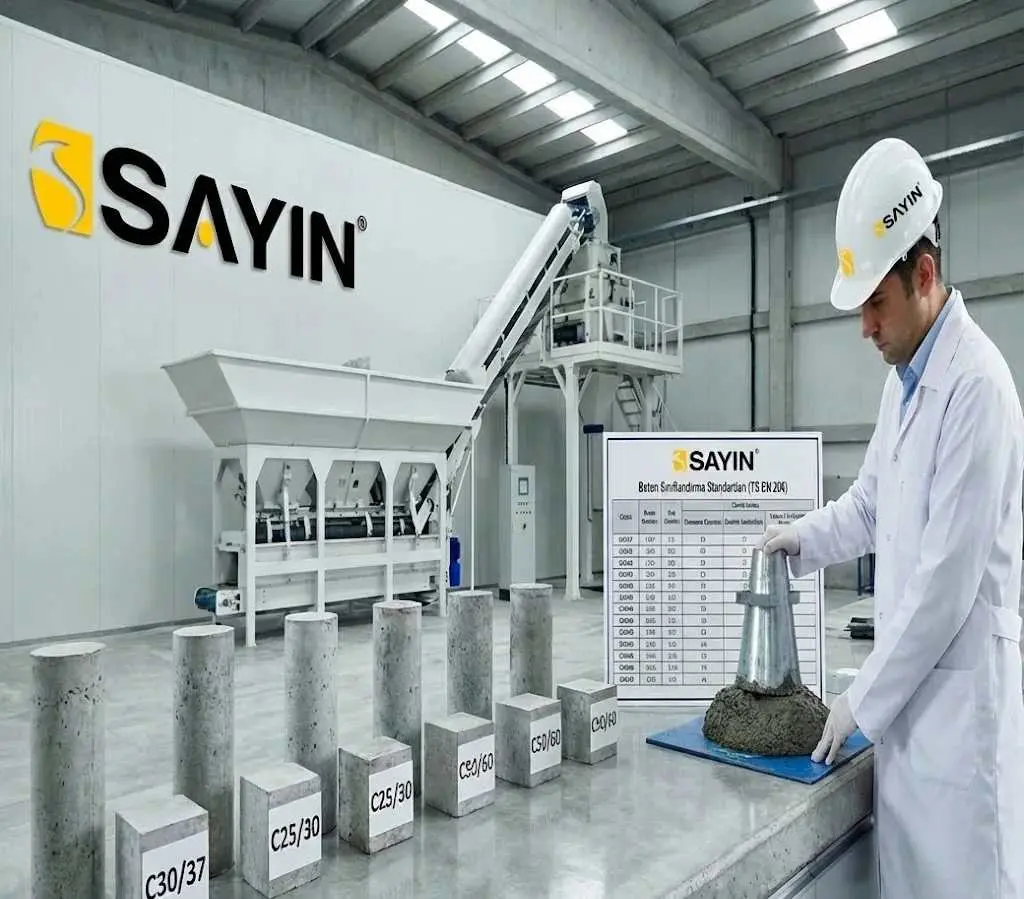 Sayin beton santrali laboratuvarında teknisyen C25/30–C30/37 silindir numuneleriyle TS EN 206 sınıflandırma tablosu