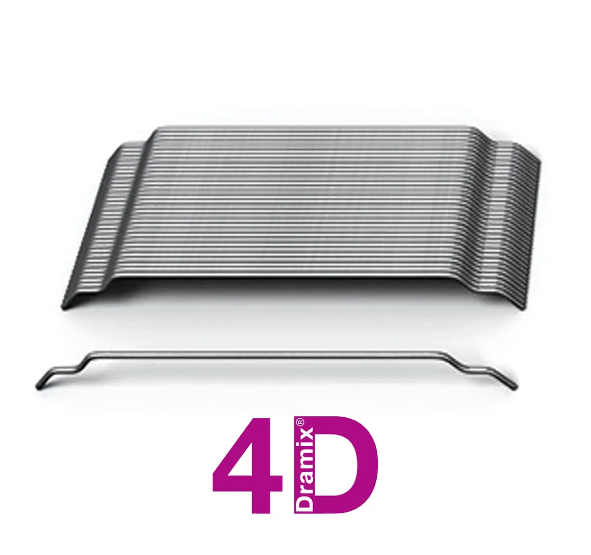 Dramix 4D çelik lif paketi (bantlı demet) ve tek bir kıvrık uçlu çelik lif profili