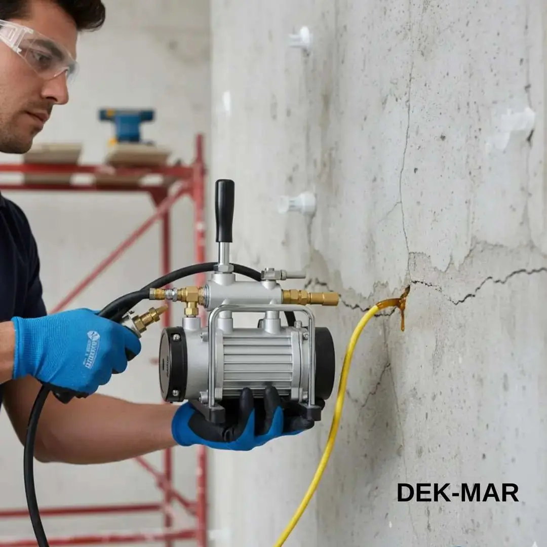 DEK-MAR vakum pompası ile beton çatlağına kimyasal enjeksiyon — teknisyen sarı hortum ve pompa kullanıyor