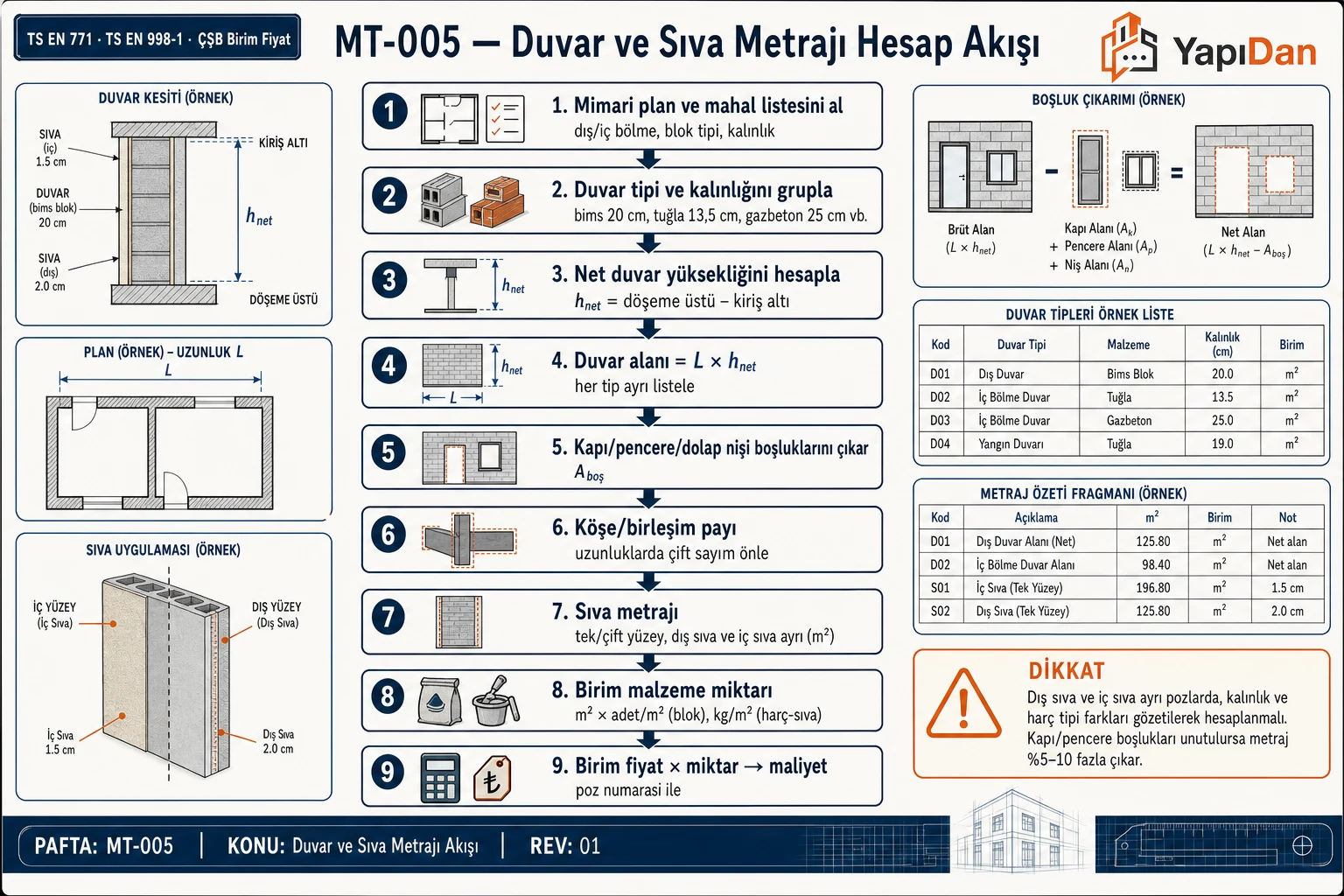 Duvar ve sıva metrajı hesap akış diyagramı — duvar tipi gruplama, alan, boşluk çıkarma ve birim malzeme
