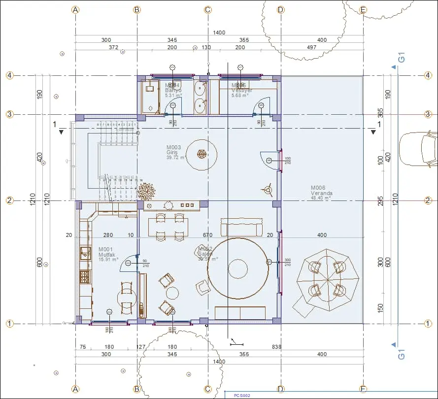 Konut kat planı teknik çizimi; A–E aksları ve 1–4 aksları ile oda, mutfak, banyo, veranda gibi mekanlar işaretlenmiş, pencere ve kapı boşlukları boyutlandırılmış
