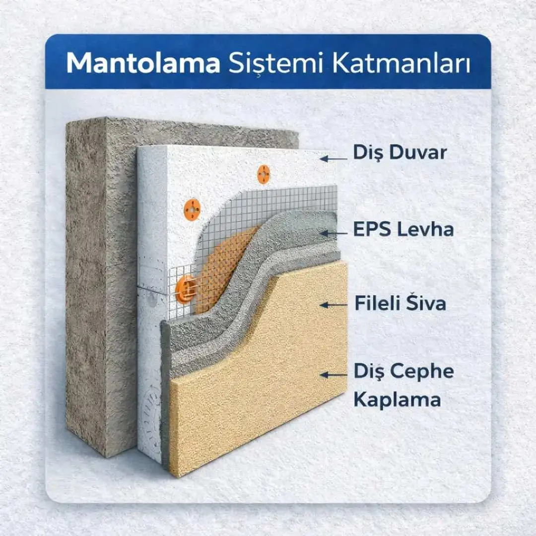 Mantolama Sistemi Katmanları infografiği: dıştan içe — dış cephe kaplama, file sıva, EPS levha, dış duvar sırasıyla gösteriliyor