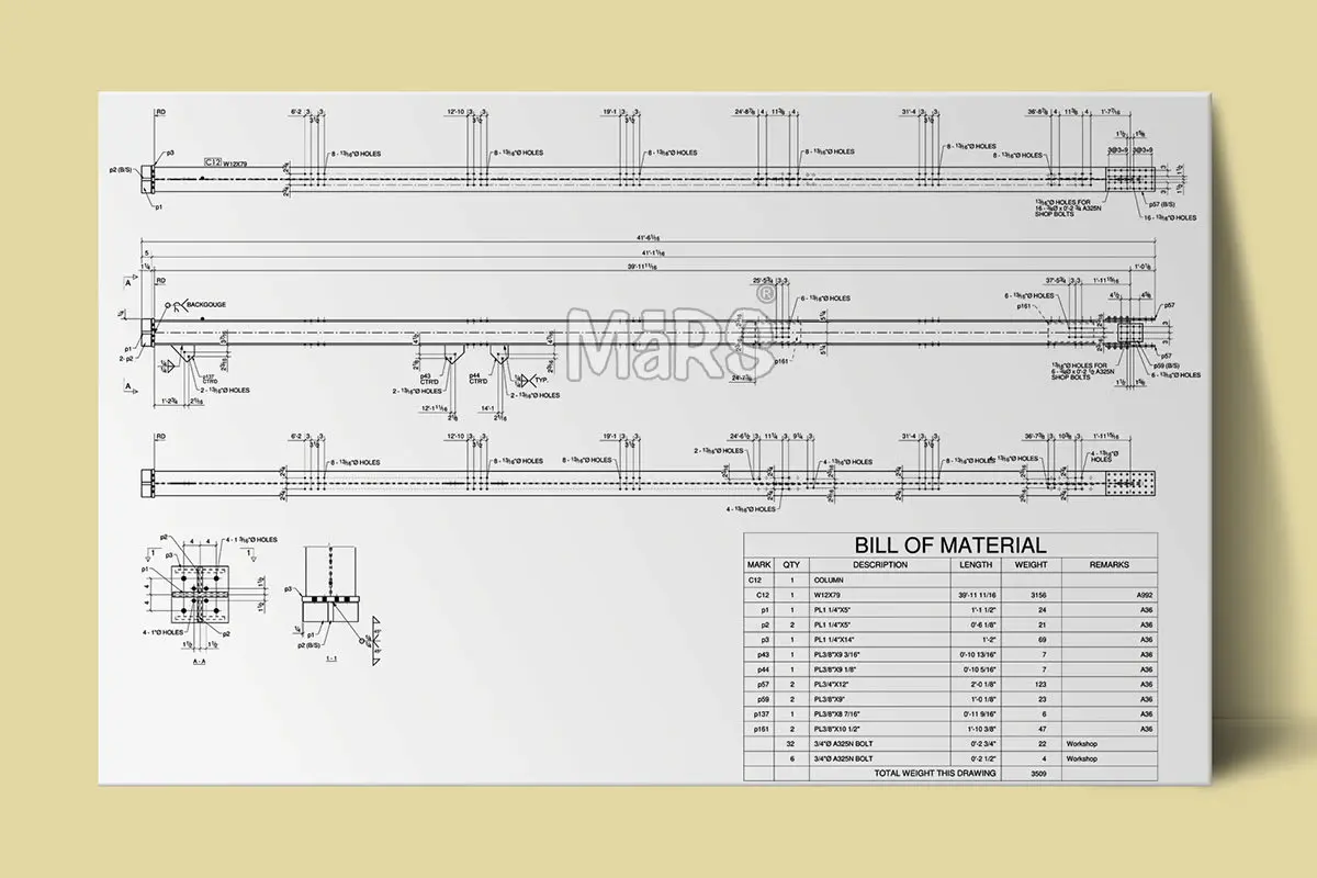 Yapısal çelik imalat projesi (shop drawing): üstte kiriş ve kolon aksonometrik çizim detayları, altta BILL OF MATERIAL tablosu — MARK, QTY, DESCRIPTION, LENGTH, WEIGHT ve REMARKS sütunları ile çelik karkas parça listesi