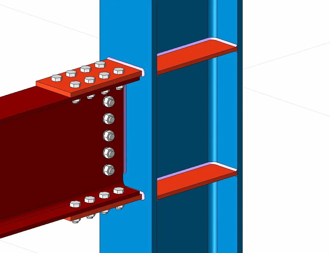3D CAD modeli: mavi HEA kolon gövdesine kırmızı IPE kiriş alın levhası ile bağlı, alın levhası üzerinde iki sıra yüksek dayanımlı hekzagonal başlıklı 8.8 sınıfı bulonlar görünüyor; kolon üst kısmında iki adet kiriş raf plakası mevcut