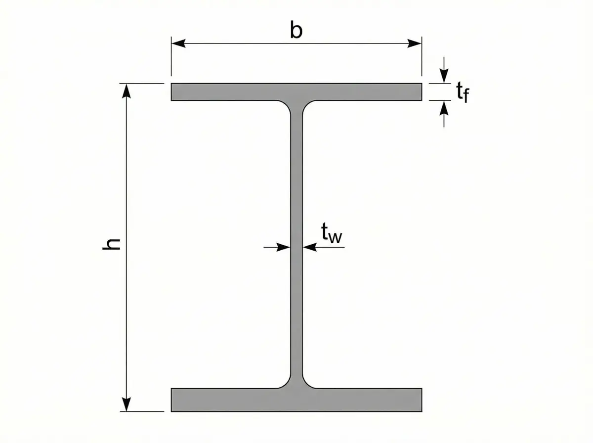 Geniş başlıklı I profil (HEA/HEB) kesit boyut şeması: h = profil yüksekliği (dikey ok), b = başlık genişliği (yatay ok), tf = başlık et kalınlığı, tw = gövde et kalınlığı etiketli