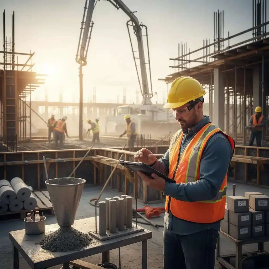 Şantiyede sarı baret ve turuncu yelek giyen kontrol mühendisi tablet ile beton deneyi numuneleri ve pompa ekipmanı arasında hakediş belgeleme çalışması yapıyor