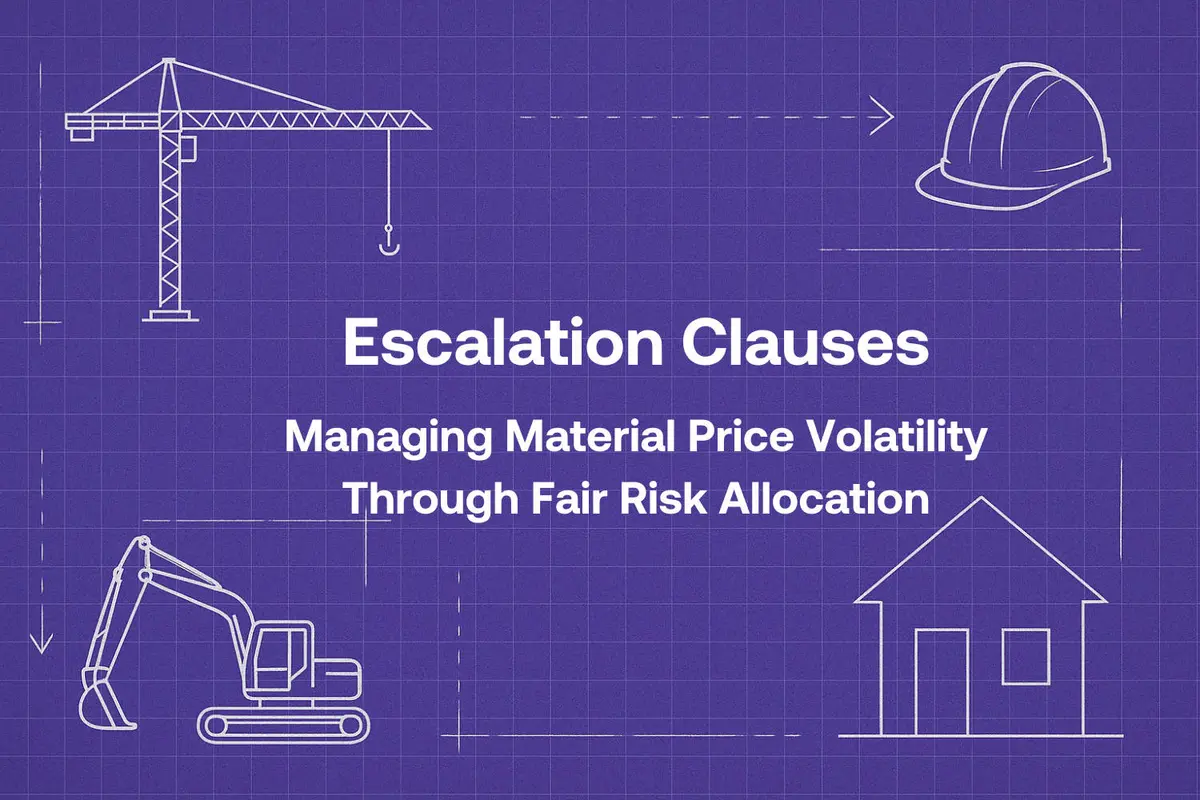 Mavi zemin üzerinde inşaat vinci, ekskavatör, baret ve bina çizimleri ile 'Escalation Clauses — Managing Material Price Volatility Through Fair Risk Allocation' başlıklı kavramsal fiyat artış maddesi illüstrasyonu