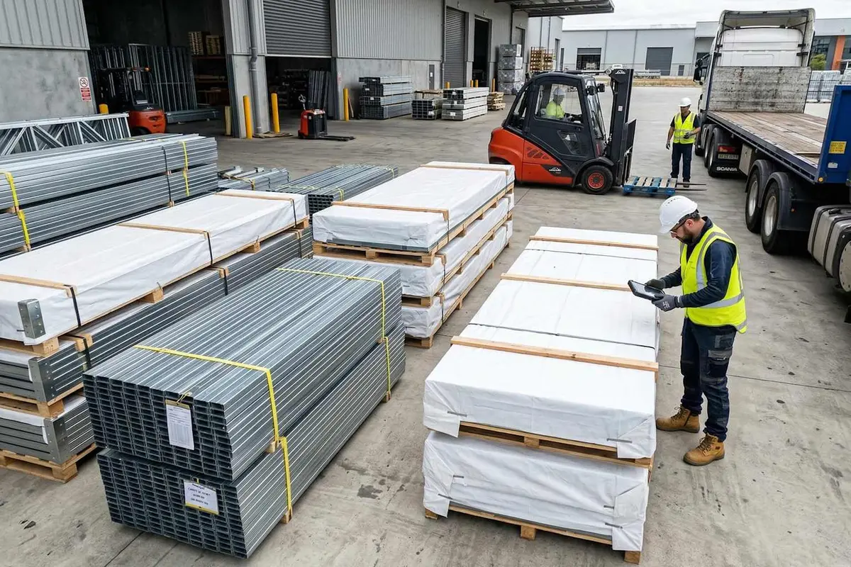 Depo ortamında paletler üzerinde çelik profiller ve levhalar, önde bir forklift ve elinde tablet tutan işçi