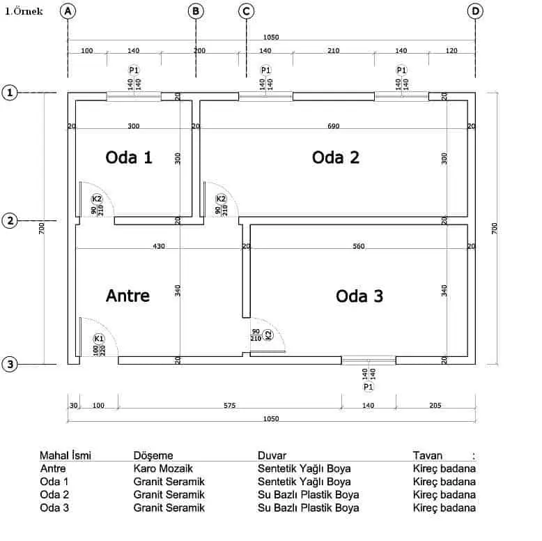 Oda 1, Oda 2, Oda 3 ve Antre içeren daire kat planı çizimi; kapı-pencere boşlukları, malzeme seçimleri ve boyutlar gösterilmiş