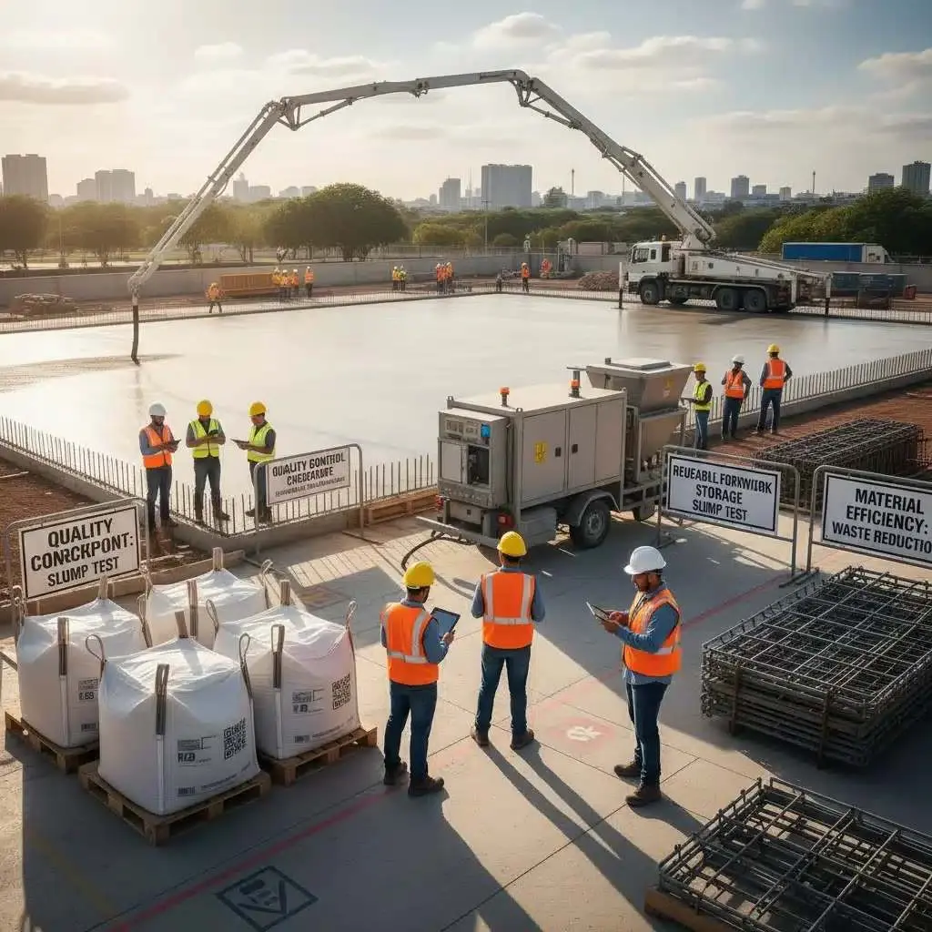 Şantiyede beton dökümü yapılırken orange yelekli mühendisler tablet ile denetim yapıyor, ön planda big-bag çimentolar ve demir hasır stokları var