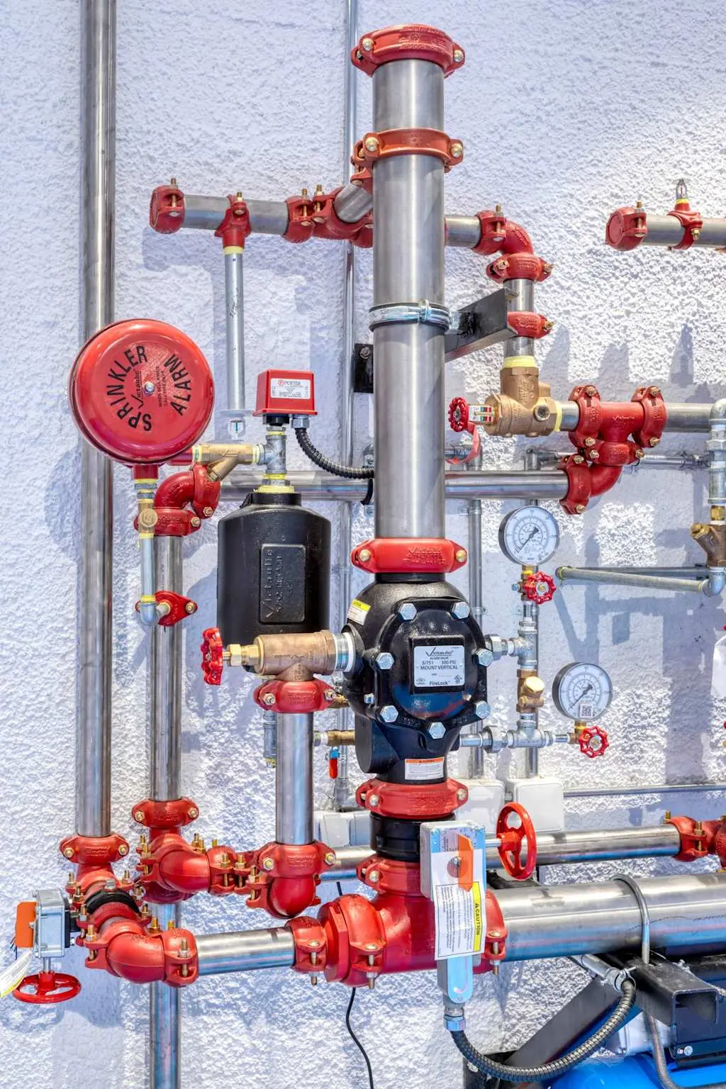 Beyaz duvara monte ıslak tip sprinkler sistemi kontrol düğümü: kırmızı alarm vanası, manometreler, akış detektörü ve boru bağlantıları görünüyor