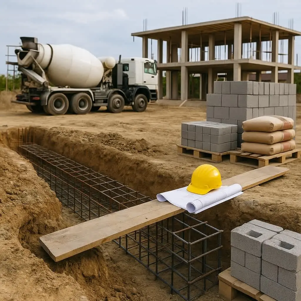 İnşaat şantiyesinde temel kazısı içinde donatı kafesi, önde beton bloklar ve çimento torbaları, arka planda transmikser ve betonarme çerçeve yapı