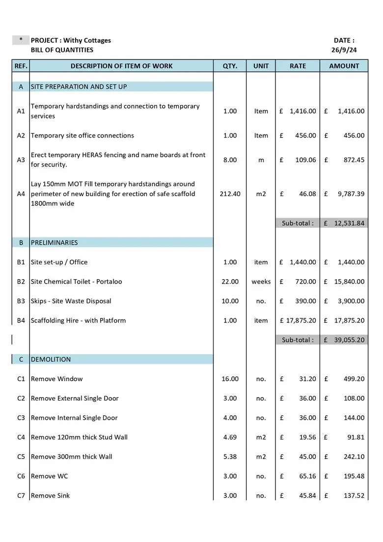 İngilizce BOQ (Bill of Quantities) örnek cetveli: Site Preparation, Preliminaries ve Demolition bölümleri; referans numaraları, iş tanımları, adet, birim, oran ve tutar sütunları