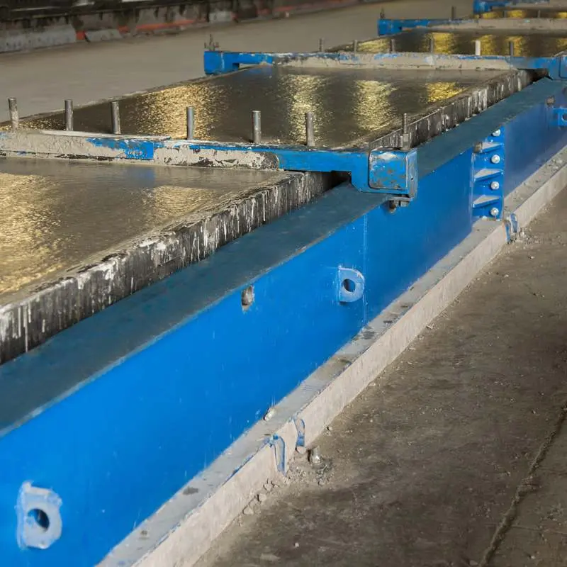 Mavi boyalı çelik yataklama tablası (stressing bed) — taze beton dökümü tamamlanmış, tendonlar gerili konumda