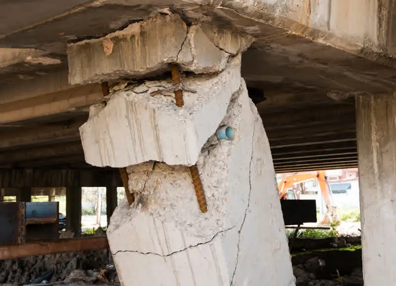 Beton köprü ayağında şiddetli kesme hasarı — büyük beton parçaları düşmüş, içteki donatılar açığa çıkmış, tipik çapraz kesme çatlak yüzeyleri görünür