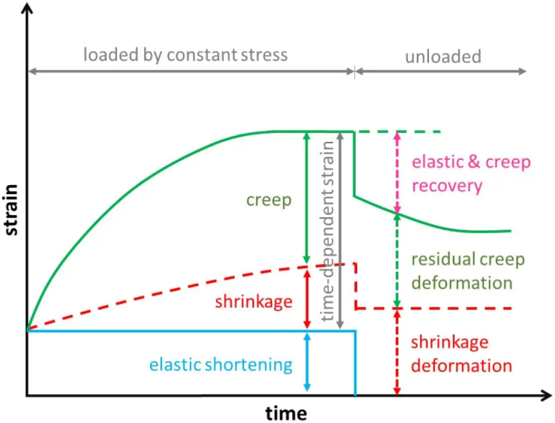 Beton sünme ve rötre şekil değiştirme-zaman grafiği: yeşil eğri (creep), kırmızı kesikli eğri (shrinkage), mavi yatay çizgi (elastic shortening) — yüklemede zamana bağlı deformasyon artışı ve yük kaldırıldığında elastic ve creep recovery gösterimi