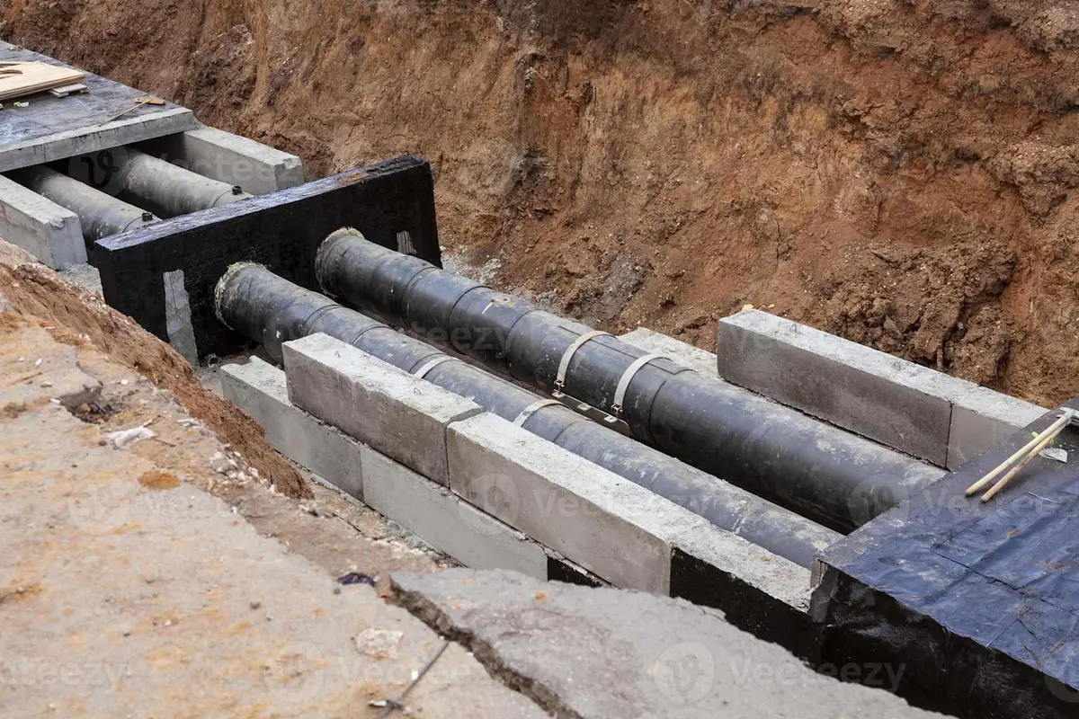 Toprak kazısında beton destekli çelik boru döşeme saha fotoğrafı — ikiz paralel boru hattı montajı, beton mesnet blokları ve zemin kazısı görünümü