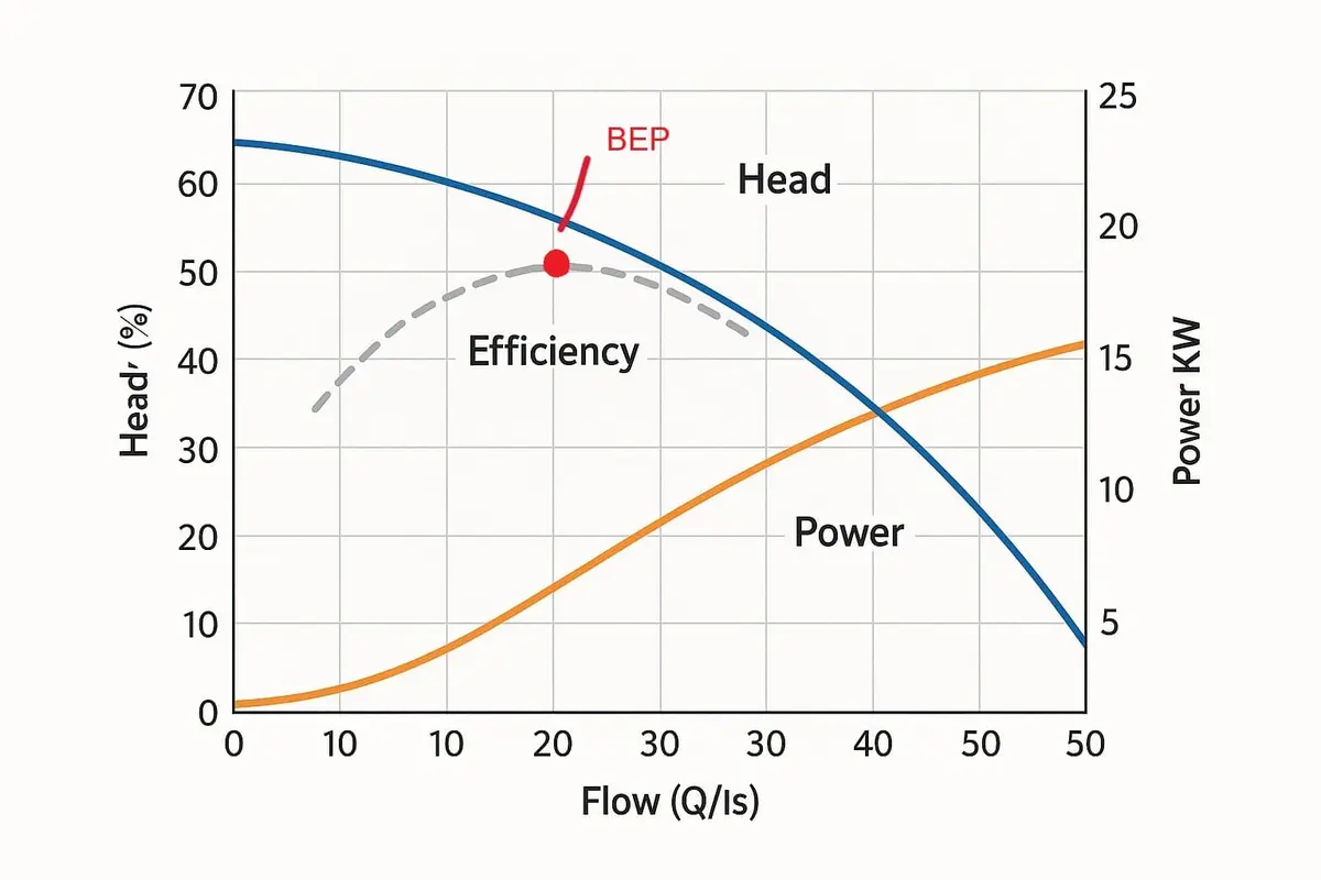 Pompa BEP eğrisi — Head yüzdesi (mavi), Efficiency gri kesikli ve Power kW (turuncu) eğrilerinin Flow Q/ls'ye göre değişimi, BEP kırmızı nokta ile işaretli