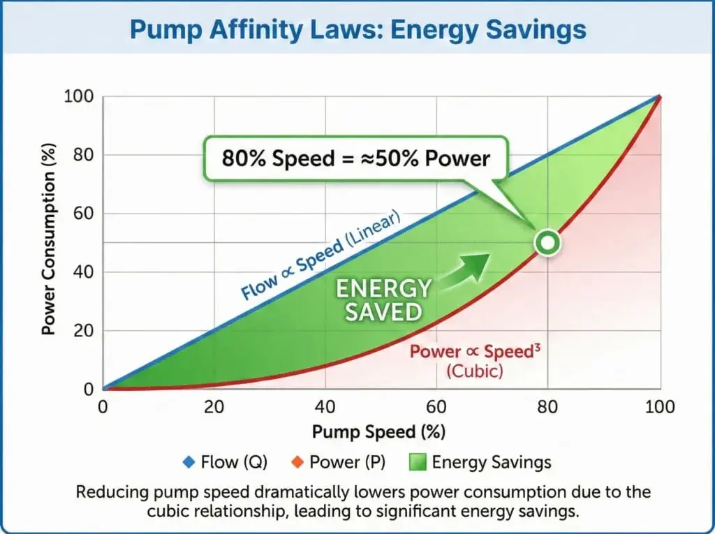 Pompa benzerlik yasaları enerji tasarrufu grafiği — %80 hız = yaklaşık %50 güç, Flow orantılı hız (linear), Power küp hız ilişkisi, Energy Saved yeşil alan